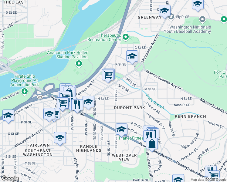 map of restaurants, bars, coffee shops, grocery stores, and more near 2961 Nelson Place Southeast in Washington