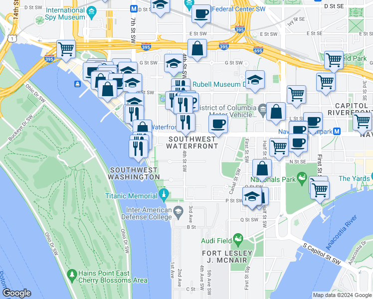 map of restaurants, bars, coffee shops, grocery stores, and more near 1250 4th Street Southwest in Washington