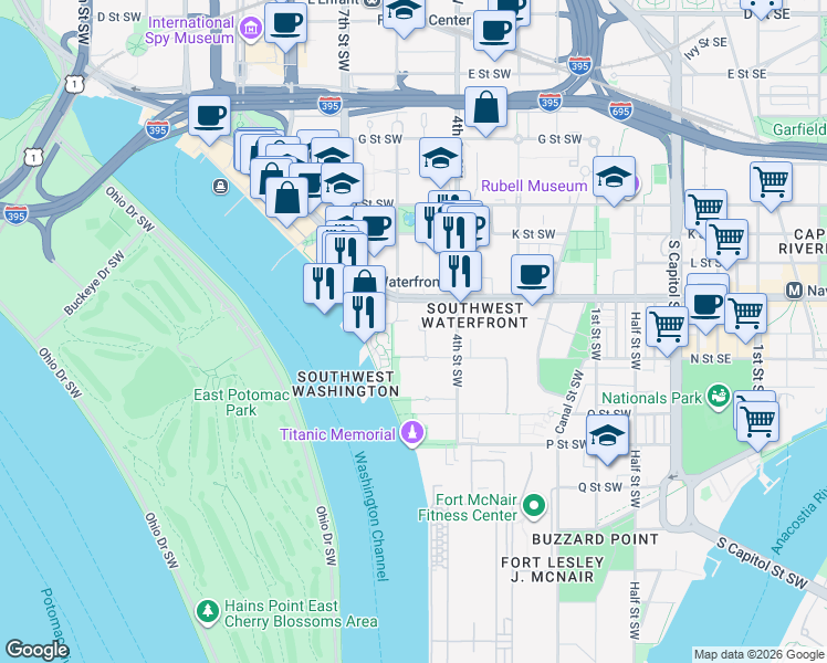 map of restaurants, bars, coffee shops, grocery stores, and more near 101 Independence Avenue Southeast in Washington