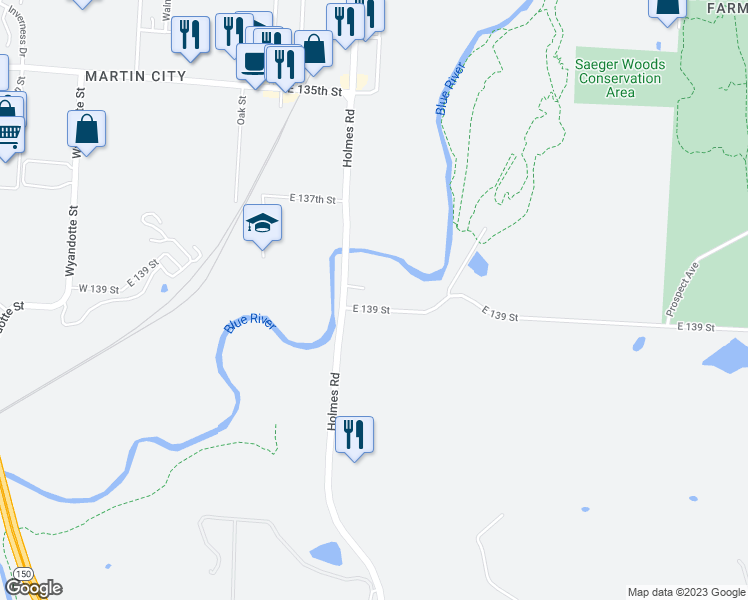 map of restaurants, bars, coffee shops, grocery stores, and more near 710 East 139th Street in Kansas City