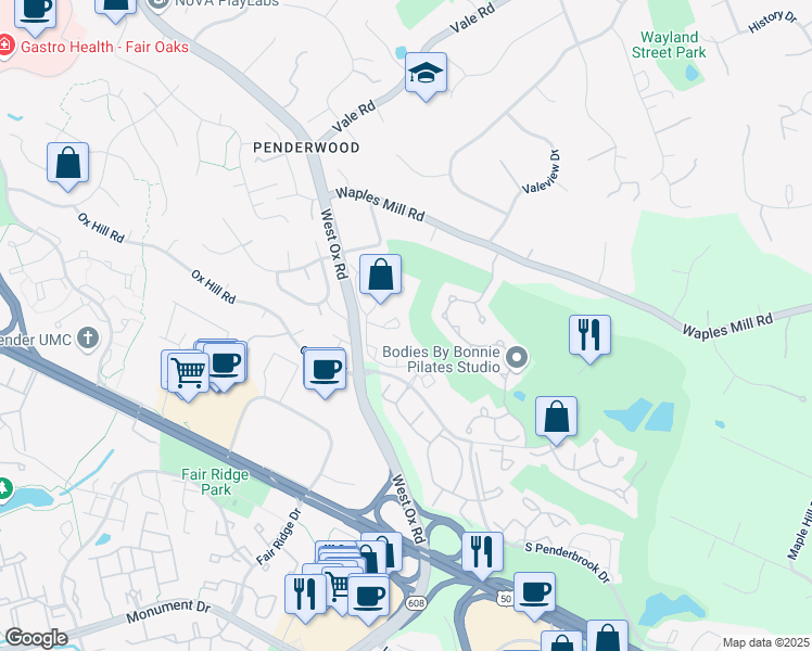 map of restaurants, bars, coffee shops, grocery stores, and more near 12101 Greenway Court in Fairfax