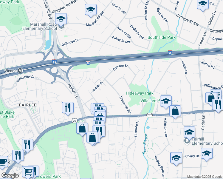 map of restaurants, bars, coffee shops, grocery stores, and more near 2862 Hideaway Road in Fairfax