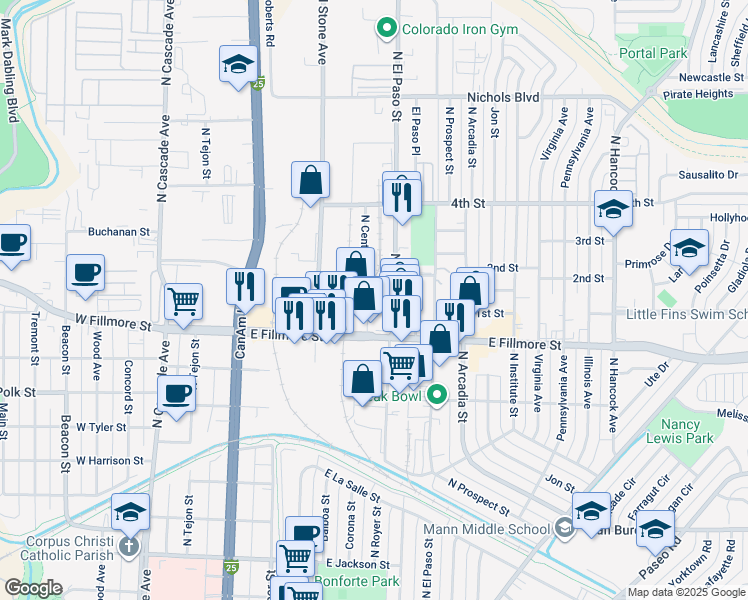 map of restaurants, bars, coffee shops, grocery stores, and more near 610 1st Street in Colorado Springs