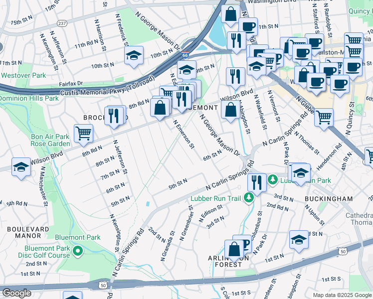 map of restaurants, bars, coffee shops, grocery stores, and more near 705 North Frederick Street in Arlington