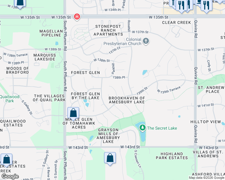 map of restaurants, bars, coffee shops, grocery stores, and more near 13918 Parkhill in Overland Park