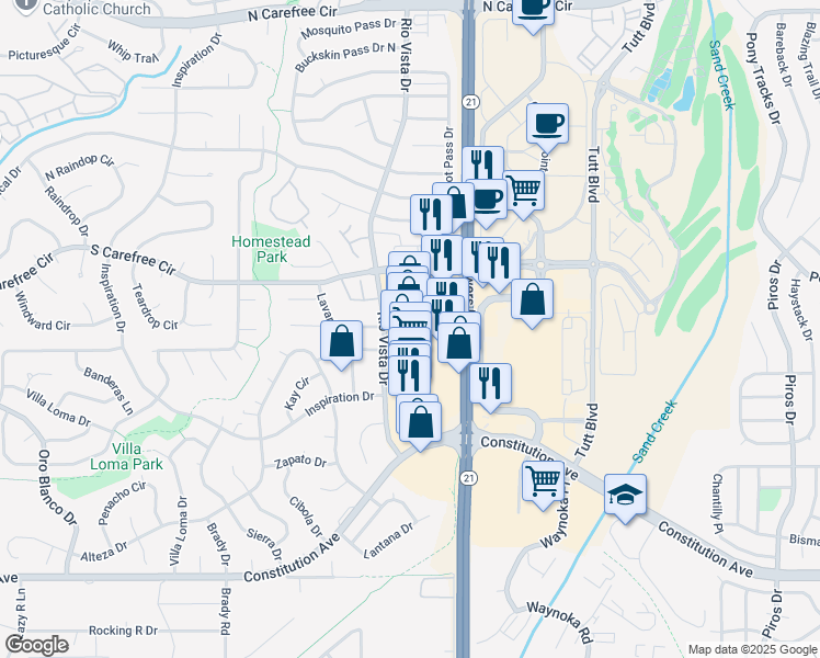 map of restaurants, bars, coffee shops, grocery stores, and more near 3070 North Powers Boulevard in Colorado Springs