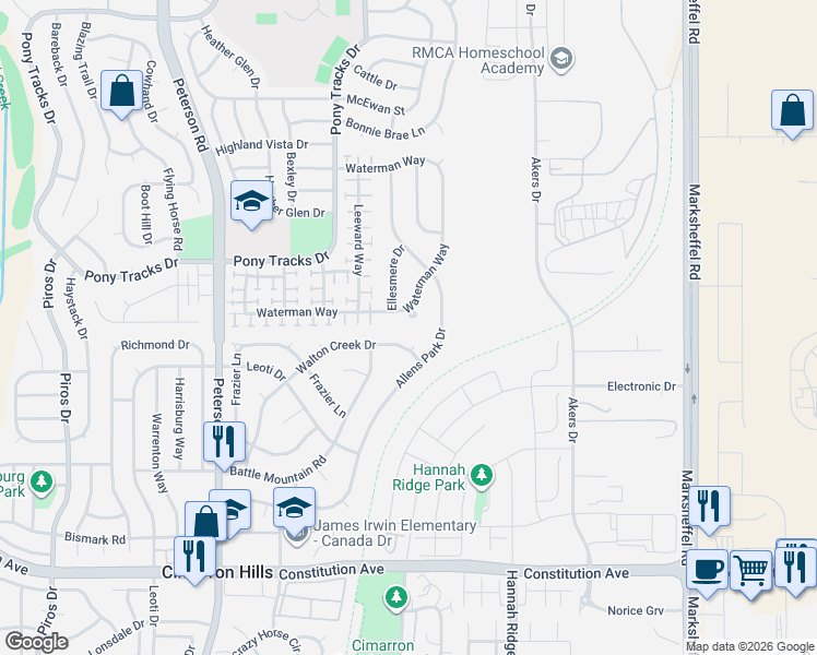 map of restaurants, bars, coffee shops, grocery stores, and more near 7233 Waterman Way in Colorado Springs