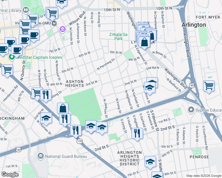map of restaurants, bars, coffee shops, grocery stores, and more near 136 North Irving Street in Arlington