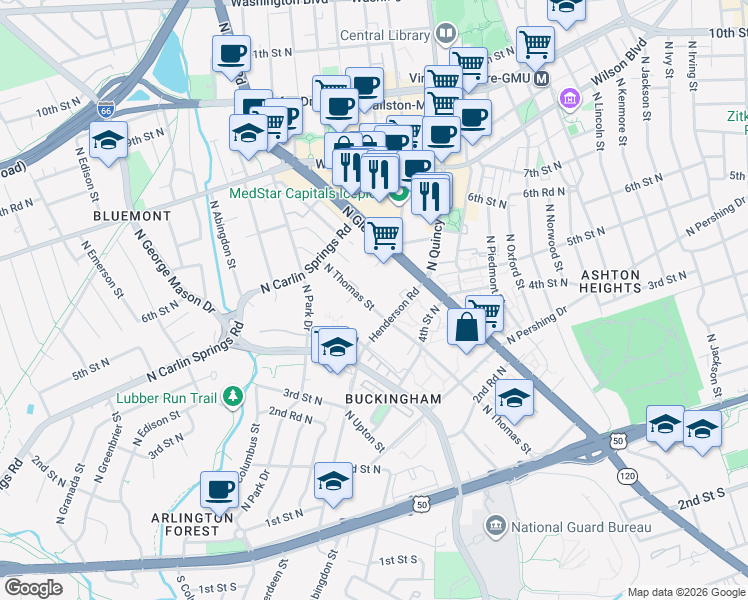 map of restaurants, bars, coffee shops, grocery stores, and more near 461 North Thomas Street in Arlington