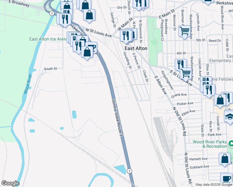 map of restaurants, bars, coffee shops, grocery stores, and more near 213 Bonds Avenue in East Alton