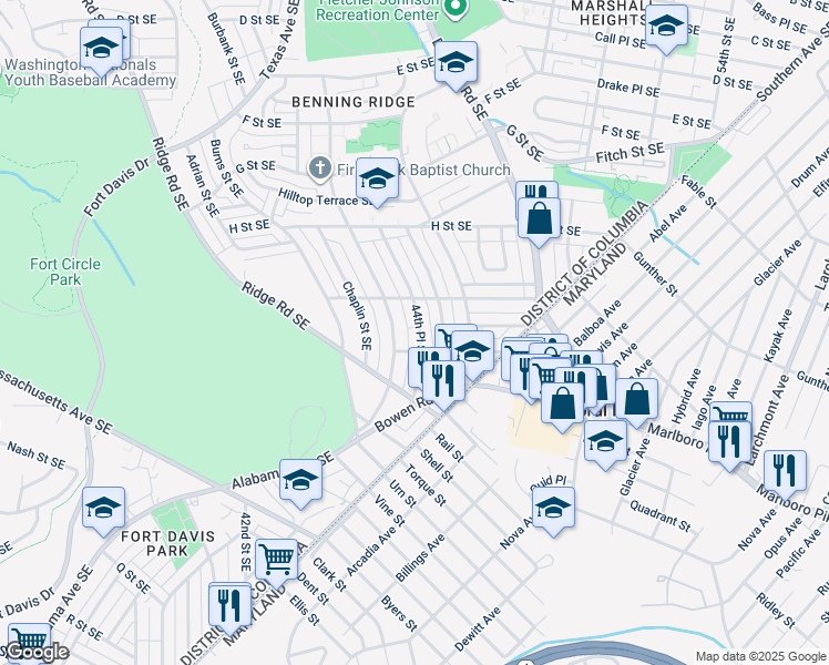 map of restaurants, bars, coffee shops, grocery stores, and more near 1227 44th Place Southeast in Washington