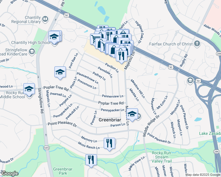 map of restaurants, bars, coffee shops, grocery stores, and more near 13107 Penndale Lane in Fairfax