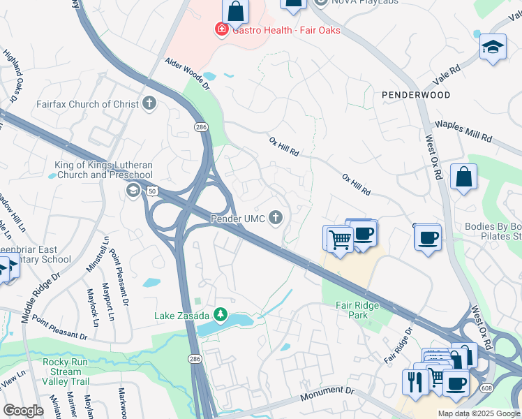map of restaurants, bars, coffee shops, grocery stores, and more near 3947 Collis Oak Court in Fairfax
