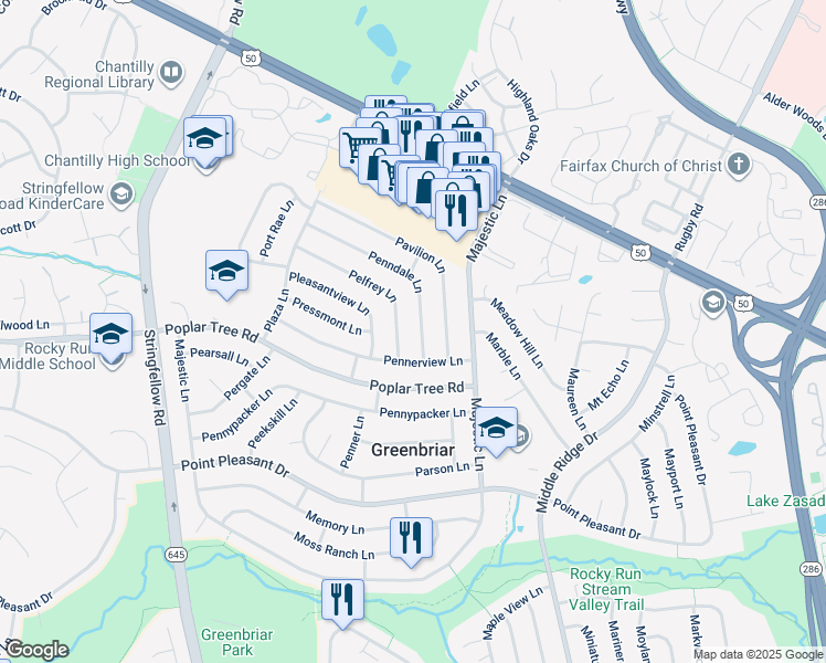 map of restaurants, bars, coffee shops, grocery stores, and more near 13107 Penndale Lane in Fairfax