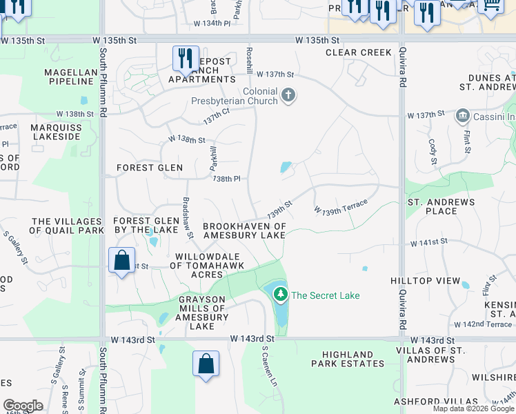 map of restaurants, bars, coffee shops, grocery stores, and more near 12611 West 138th Court in Overland Park
