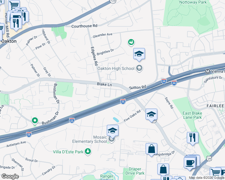 map of restaurants, bars, coffee shops, grocery stores, and more near 3082 Sugar Lane in Vienna