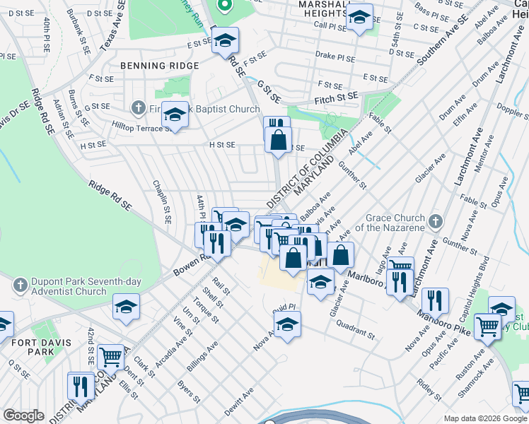 map of restaurants, bars, coffee shops, grocery stores, and more near 4734 Southern Avenue Southeast in Washington
