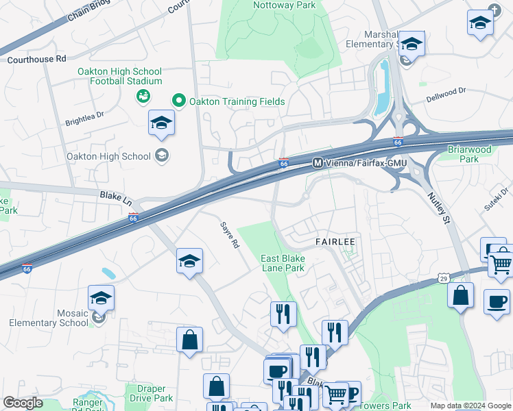 map of restaurants, bars, coffee shops, grocery stores, and more near 2901 Saintsbury Plaza in Fairfax