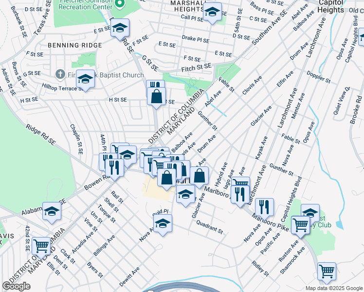 map of restaurants, bars, coffee shops, grocery stores, and more near 1204 Balboa Avenue in Capitol Heights