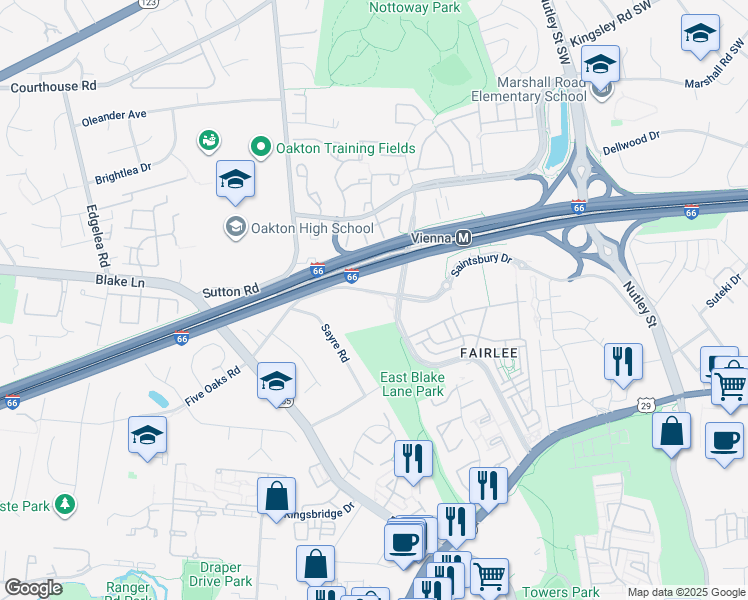 map of restaurants, bars, coffee shops, grocery stores, and more near 2901 Saintsbury Plaza in Fairfax