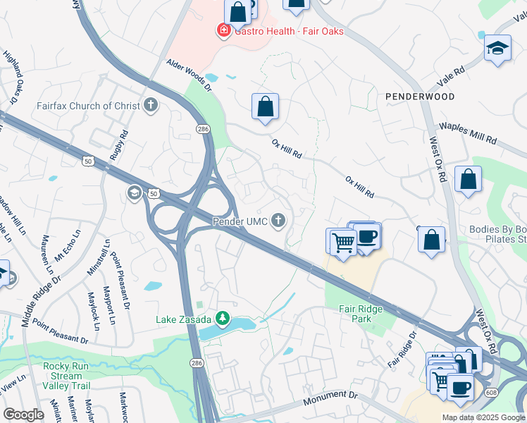 map of restaurants, bars, coffee shops, grocery stores, and more near 3947 Collis Oak Court in Fairfax