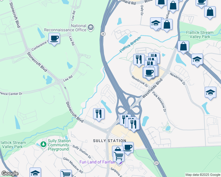 map of restaurants, bars, coffee shops, grocery stores, and more near 4813 Garden View Lane in Centreville