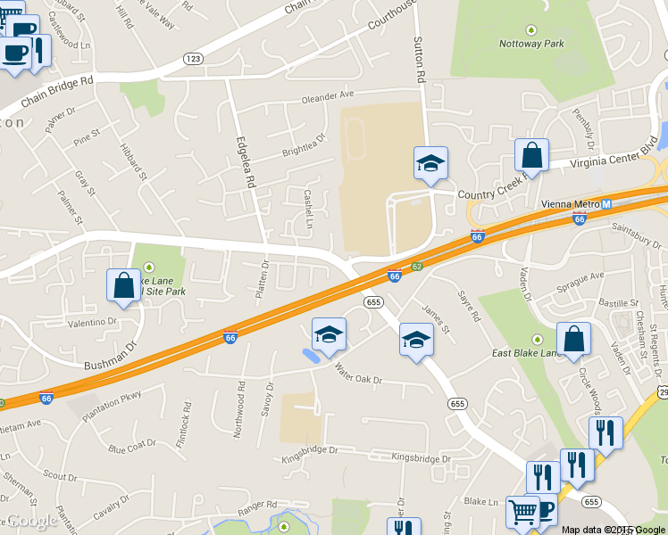 map of restaurants, bars, coffee shops, grocery stores, and more near 9818 Sweet Mint Drive in Vienna