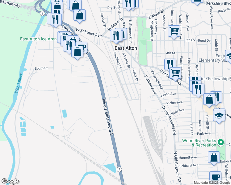 map of restaurants, bars, coffee shops, grocery stores, and more near 221 Victory Drive in East Alton
