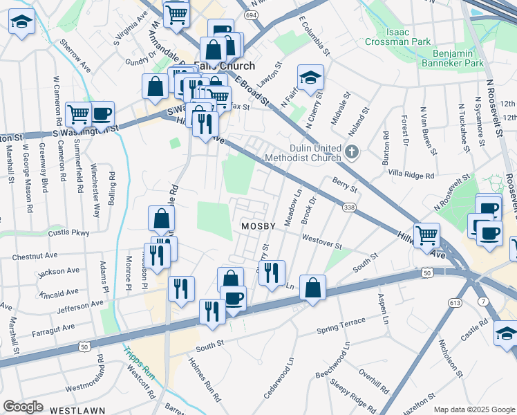 map of restaurants, bars, coffee shops, grocery stores, and more near 2850 Katherine Paige Lane in West Falls Church