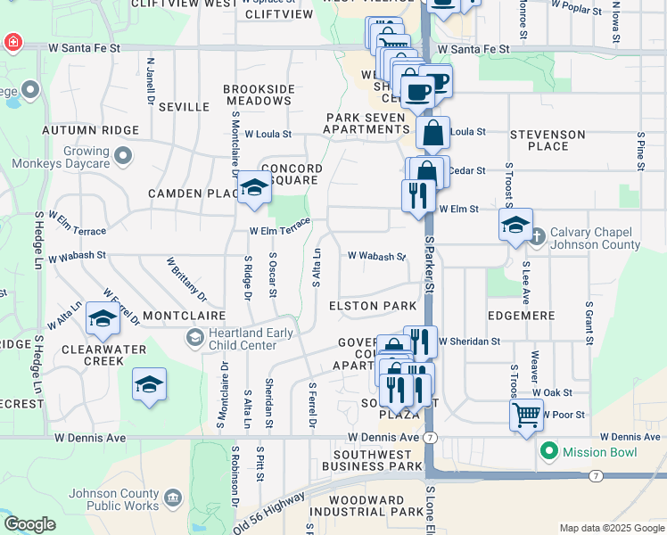 map of restaurants, bars, coffee shops, grocery stores, and more near 513 S Valley Rd in Olathe