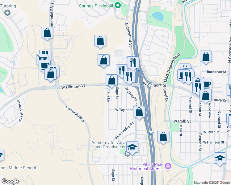 map of restaurants, bars, coffee shops, grocery stores, and more near 2925 Sage Street in Colorado Springs