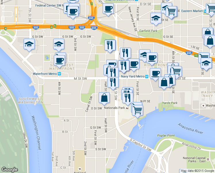 map of restaurants, bars, coffee shops, grocery stores, and more near 101 Independence Avenue Southeast in Washington
