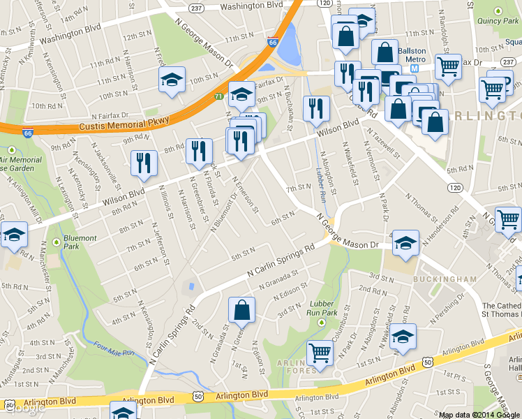 map of restaurants, bars, coffee shops, grocery stores, and more near 621 N Emerson St in Arlington