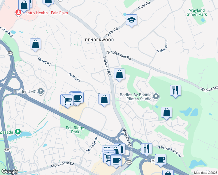 map of restaurants, bars, coffee shops, grocery stores, and more near 12251 Harbor Town Circle in Fairfax