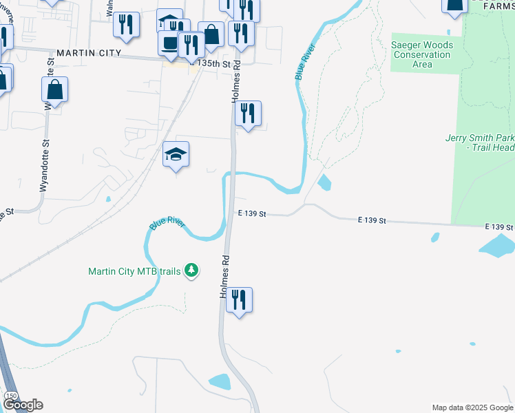 map of restaurants, bars, coffee shops, grocery stores, and more near 710 East 139th Street in Kansas City