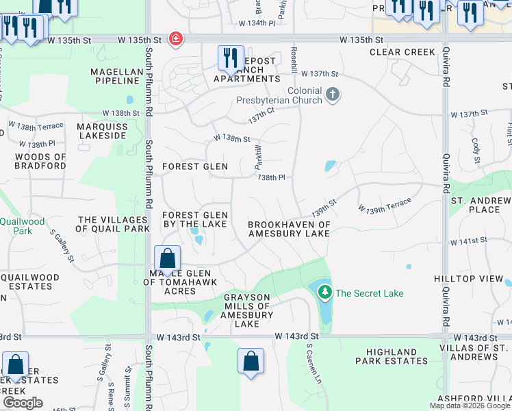 map of restaurants, bars, coffee shops, grocery stores, and more near 13918 Parkhill in Overland Park