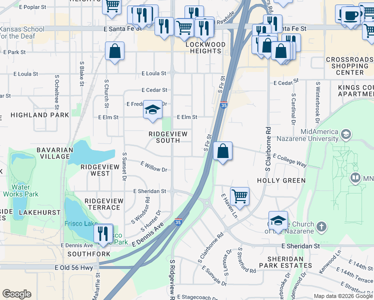 map of restaurants, bars, coffee shops, grocery stores, and more near 1400 East Ridgeway Drive in Olathe