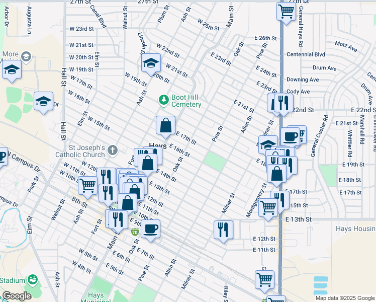 map of restaurants, bars, coffee shops, grocery stores, and more near 207 East 16th Street in Hays