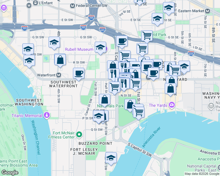 map of restaurants, bars, coffee shops, grocery stores, and more near 101 Independence Avenue Southeast in Washington