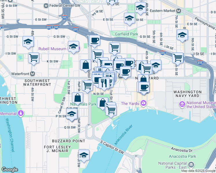map of restaurants, bars, coffee shops, grocery stores, and more near 1233 1st Street Southeast in Washington