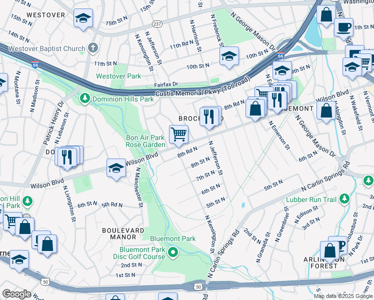 map of restaurants, bars, coffee shops, grocery stores, and more near 5649 8th Road North in Arlington