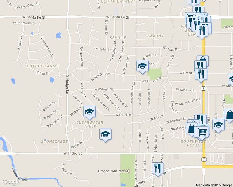 map of restaurants, bars, coffee shops, grocery stores, and more near 1644 West Brittany Drive in Olathe