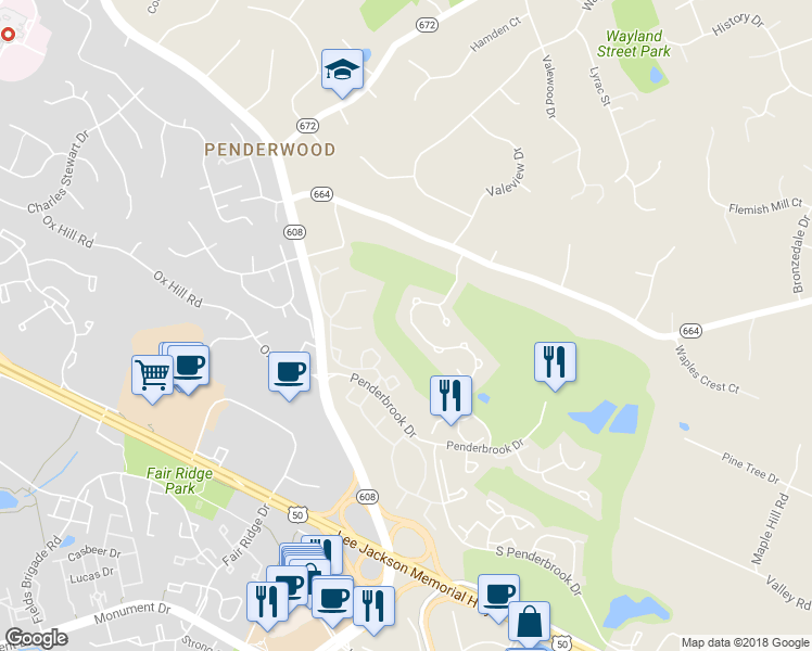 map of restaurants, bars, coffee shops, grocery stores, and more near 3742 Center Way in Fairfax