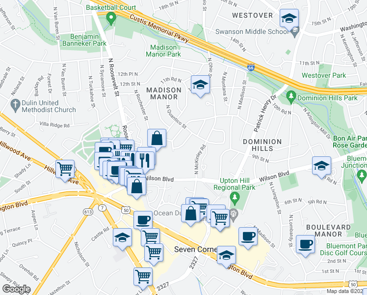 map of restaurants, bars, coffee shops, grocery stores, and more near 877 North Nottingham Street in Arlington