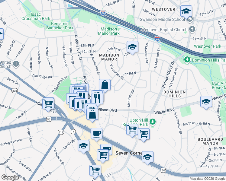map of restaurants, bars, coffee shops, grocery stores, and more near 862 North Ohio Street in Arlington