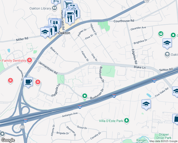 map of restaurants, bars, coffee shops, grocery stores, and more near 10156 Village Knolls Court in Oakton