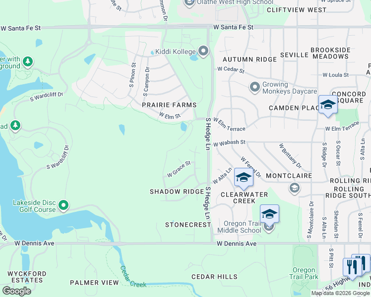 map of restaurants, bars, coffee shops, grocery stores, and more near 517 South Persimmon Drive in Olathe