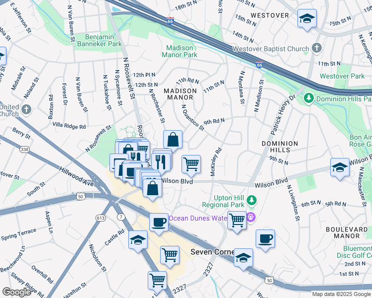 map of restaurants, bars, coffee shops, grocery stores, and more near 862 North Ohio Street in Arlington