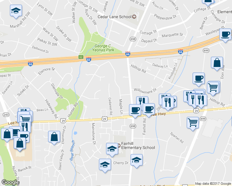 map of restaurants, bars, coffee shops, grocery stores, and more near 2838 Maple Lane in Fairfax