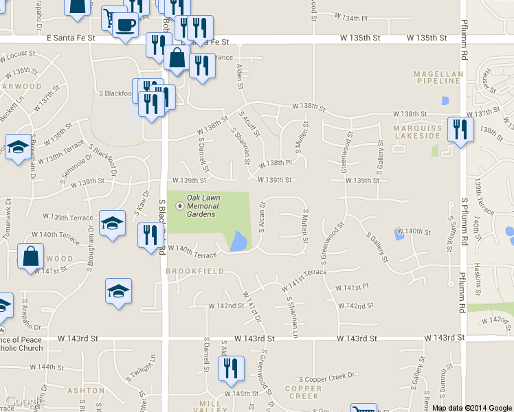 map of restaurants, bars, coffee shops, grocery stores, and more near 14052 South Alcan Street in Olathe